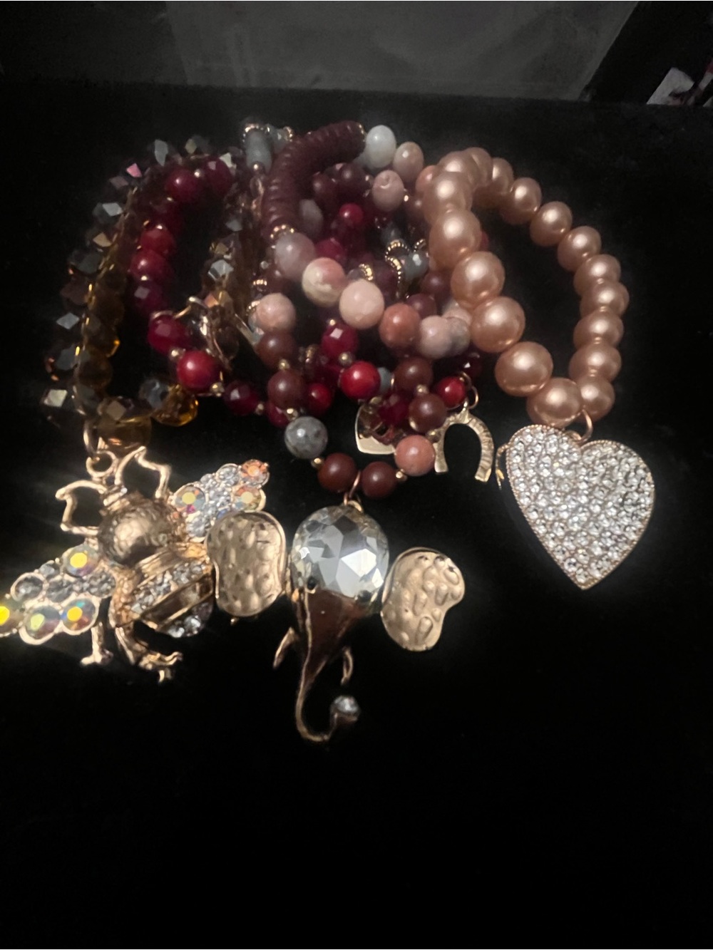 Beaded Heart & Charm Bracelet Stack - Gold Tone with Pink and Burgundy Beads